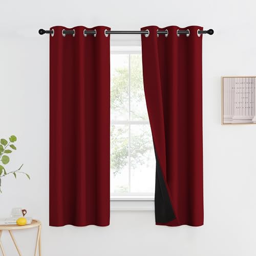 Image of NICETOWN 100% Blackout Curtains with Black Liner Backing, Thermal Insulated Curtains for Living Room, Noise Reducing Drapes for Christmas, Burgundy Red, 37 inch x 60 inch Per Panel, Set of 2