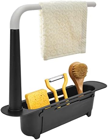Telescopic Sink Holder Rack, Expandable Storage Drain Basket Rack Adjustable Drainer Sink Tray Sponge Soap Holder with Towel Bar for Home Kitchen
