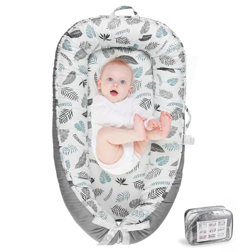 Image of Baby Lounger, Suitable for Infants Over 12+ Months.Portable Infant Lounger, Soft Baby Lounger, 100% Cotton Breathable, Baby Floor Seat for Home & Travel - Grey Leaves