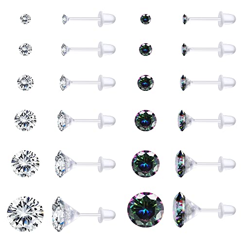 LOLIAS 12Pairs Clear Earrings Plastic Post Stud Earrings for Women Plastic Earrings for Sensitive Ears Clear Piercing Retainer for Sport Work Crystal Stud Earrings Pack