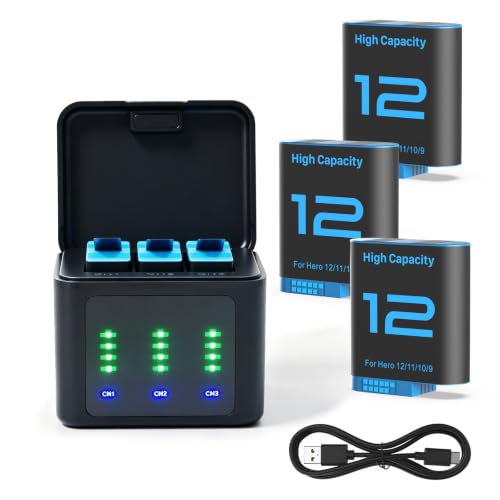 OHZHAO 3Pack 2580mAh Hero 12 Battery with LED 3-Channel USB Charger 2026 Upgrade Long-Lasting Battery for GoPro Hero 12/11/10/9 Black Cameras with Type-C Data Cable