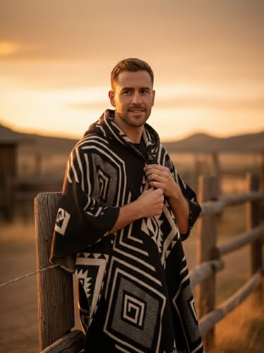 Image of Wool Poncho Adult Ponchos With Hood for men Alpaca Poncho Men Artesanal Ponchos Adult Alpaca Mens Panchos