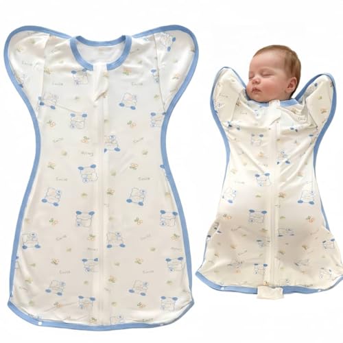 RooRound Swaddle Blanket Anti-Startle Eucalyptus Fiber Baby Sleeping Bag with Arms & Full-Zip 0-6 Months Newborn Transitional Swaddle Wrap (Blue L (17-28 lbs))