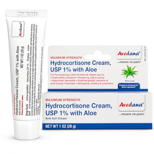 Avedana Hydrocortisone Cream 1% USP Maximum Strength Anti-Itch Cream with Aloe Vera, Fast Relief for...