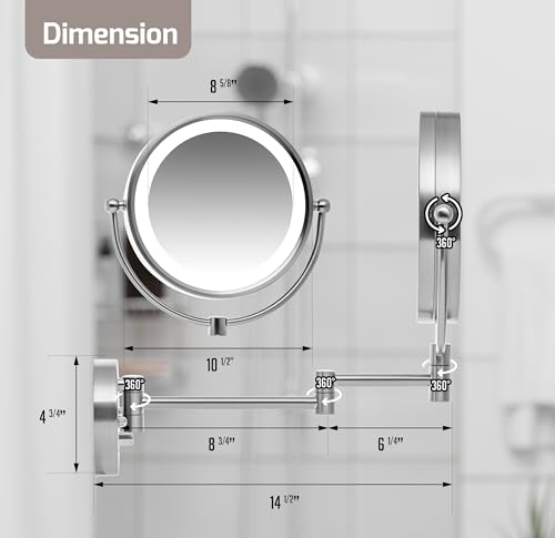 Image of OVENTE Hardwired Wallmount Bathroom Mirror, Nickel Brushed MPWD3185BR1X7X | 9 inch Double Sided Lighted Makeup Mirror with 1X /7X Magnification, Dimmable LED Lights, 360 Rotation, Extendable Folding Arm