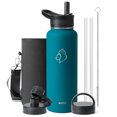 BUZIO 40 oz Insulated Water Bottle with Straw & 3 Lids