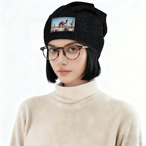 Winter Fashion Desert Cute Camel Print Knit Hats - Soft Breathable Black Beanie Unisex Versatile Accessories, Schwarz , Einheitsgröße