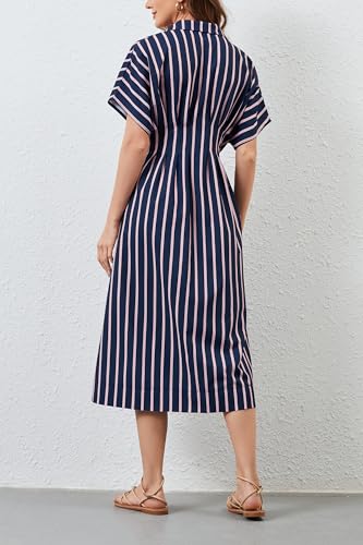 Image of Women's Striped Button Front Pleated Maxi Shirts Dress Short Sleeve Collar V Neck Summer Casual Corset Long Dress