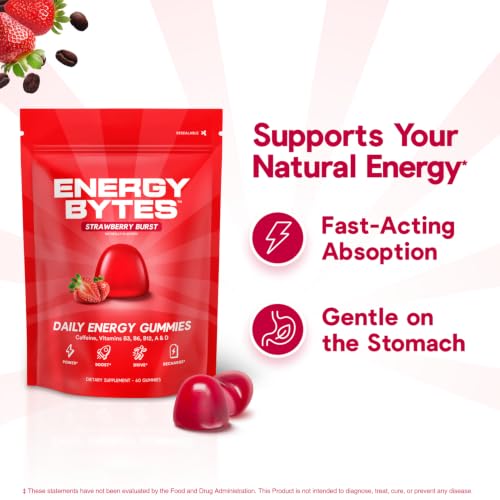 Image of Energy Bytes Daily Energy Gummies - Fast Acting Energy Chews with Caffeine & Vitamins B3 B6 B12 A & D - Stay Focused and Energised Through Your Day - 60 Bytes