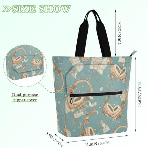 Decorative Cute Book Tote Bag for Kids Adults, Blue and White Cartoon Headphones Water-resistant Teacher Tote Bags Handbags with Inner Pockets for College Shopping Beach Rainbow de tela para2