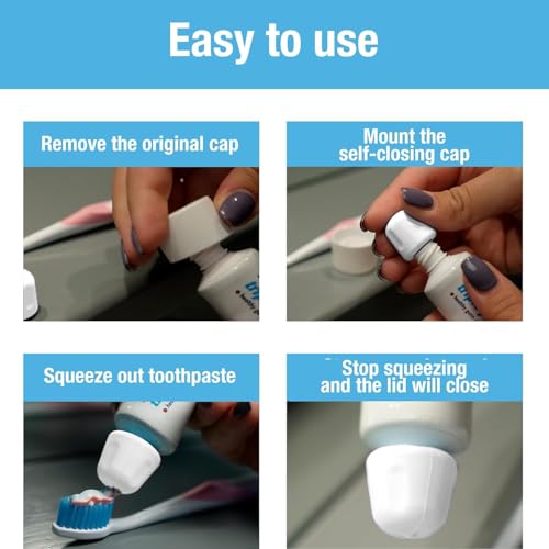 Image of Self Closing Toothpaste Caps 6-Pack by Tilcare - No Waste Cap Dispensers for Adult and Kids Bathroom - Mess-Free Toothpaste Lids - Easy to Use, Food Grade Silicone and BPA-Free Toppers - All White