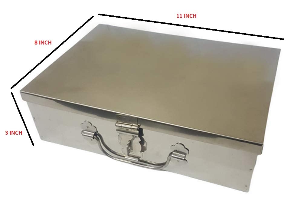 GinoSet® Stainless Steel Storage Boxes, Cash Peti, Pooja Peti,Organizer, Vanity Box,Safe Locker Box 11 Inch Storage Box (Steel) (Standard) L-8", W-11, H-3" 1