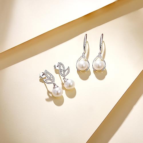 FANCIME Pearl Earrings 925 Sterling Silver Leaf Pearl Stud Earrings Dangle Earrings with Genuine Quality 8.5-9mm Freshwater Cultured Pearls Fine Pearl Jewelry for Women3