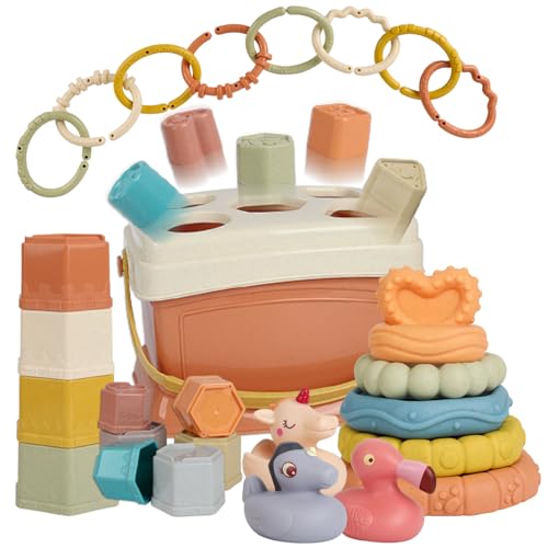 Image of BYFWH 5 in 1 Montessori Baby Toys for 6-48 Months,Shape Sorters Stacking Cups,Rings Toy Links,Soft Stacking Rings,Blocks Set,Soft Animals Toys Shape Sorters for Toddlers 1-3