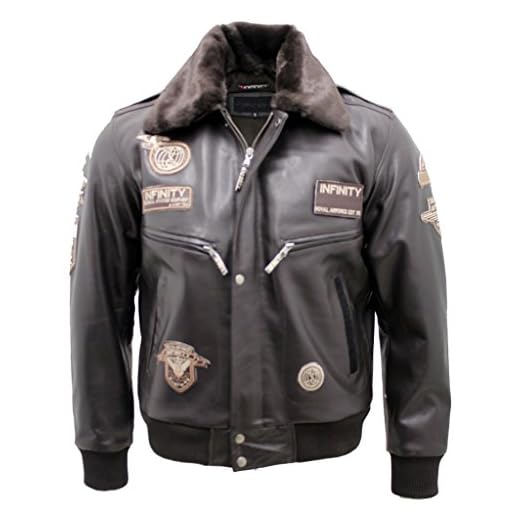 Infinity Chaqueta de Bombardero de Vuelo de Piel de Vaca Marrón para Hombre con Cuello Desmontable