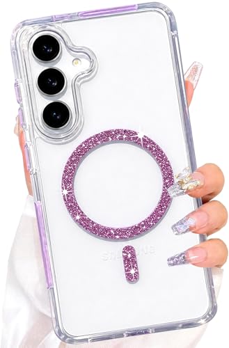 Image of VONZEE Compatible for Samsung S24 5G Case Glitter Ring Cute Shiny Colorful Bling Case (Compatible with Magsafe) Transparent PC+TPU Glossy Shiny Cover for Girls Women,Purple