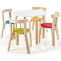 COSTWAY 5-Piece Kids Table and Chair Set, Children Wooden Activity Table with 4 Curved Back Chairs, Toddler Home Playroom Classroom Daycare Furniture for Playing, Drawing, Reading (Red+Blue+Yellow)