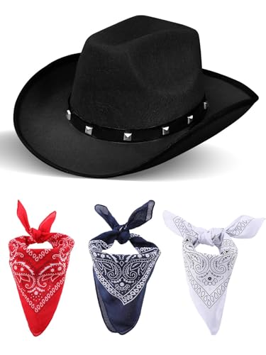 ROC PARTY Black Cowboy Hat with 3 Bandanas - Western Cowboy Wild West Costume Accessory for Christmas Gift and Cosplay Party