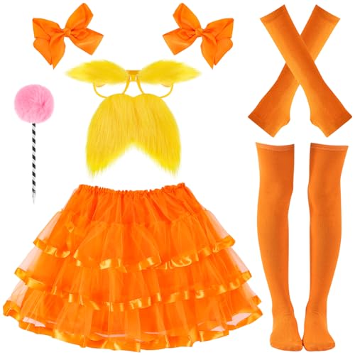 8 Pcs World Book Day Costume Accessories Orange Bowtie Haipins Tutu Glasses with Yellow Mustache and Eyebrows Orange Gloves and Tights for Reading Week Role-Playing Book Character Costume