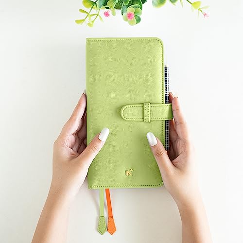 NEORAH — PETITE Travel Journal Notebook Organiser SLEEVE with Loop - [ PETITE COVER SLEEVE ONLY ] Office Diary Notebook Planner Holder - Vegan Leather | Insert any Soft Cover & replace when over - (DotGrid, Ruled, Plain Square Soft Cover Notebook, Sold separately) — Includes Gift Box | Penloop | 2 Front pocket | 6 Card Slots | Back Pocket | BookMarks - Fits any PETITE softcover Moleskine Hobonichi, Midori, Filofax -(Size:22.5 x 11.5cm) – LIGHT GREEN