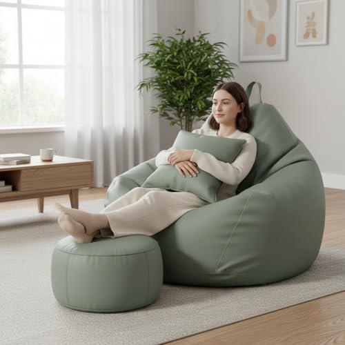 Image of 6XL Jumbo Premium Bean Bag Chair with Footrest & Cushion | Filled with High Density EPS Beans | Comfortable Sofa for Living Room & Bedroom | 6 Months Warranty, Color- (SAGE GREEN, 6XL, Premium)