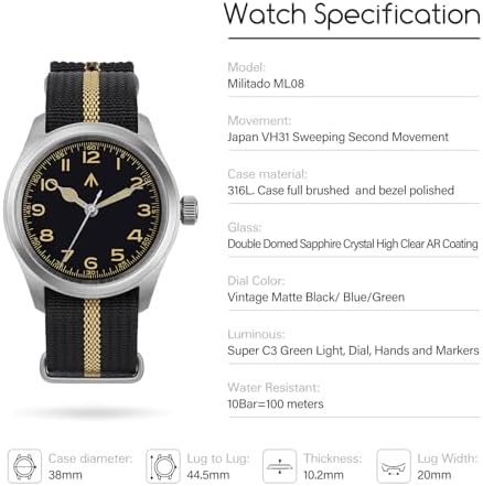 Relógio Militado ML08 japonês Sweep VH31 Field Watch masculino de
