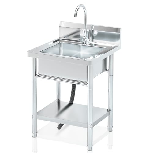 RiveraSink Lavello in Acciaio Inox Autoportante 50×50×80 cm con Paraspruzzi, Piedini Regolabili e Set di Scarico – Lavello 1 Vasca per Cucina, Ristorazione, Giardino e Esterni
