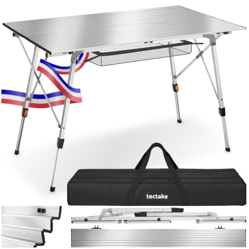 tectake® Table Pliante 90 x 52 x 47-70 cm, Réglable en Hauteur, Résistante aux intempéries, Table de Camping Pliable en Aluminium, Filet de Rangement, Sac...