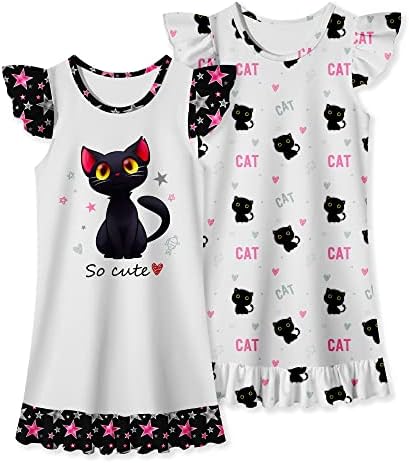 LQSZ Girls Nightgowns Cat Nightdress Nightie Sleepwear Pajamas Flutter Short Sleeves Nightgown for Little Girls 5 6t