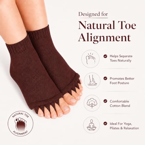 Image of Foot Alignment Orthopedic Cotton Socks for Men & Women | Five Toe Separator | Foot Pain Relief | Bunion Corrector | Plantar Fasciitis Support | Improves Posture & Flexibility | Free Size | Brown | 1 Pair