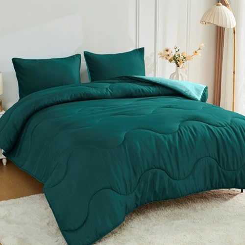 Lions Coverless Duvet Double - 200x200cm - 10.5 Tog Reversible Two Color Comforter - Waves Design, Soft Microfibre Warm Bed Quilt Bedding for All Seasons, Machine Washable, Dark Green