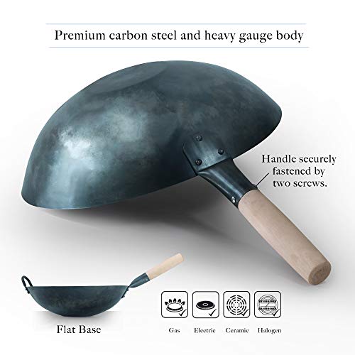 image for Pre Seasoned Flat Bottom Wok, 14 Inch Blue Carbon Steel Chinese Pow Wo