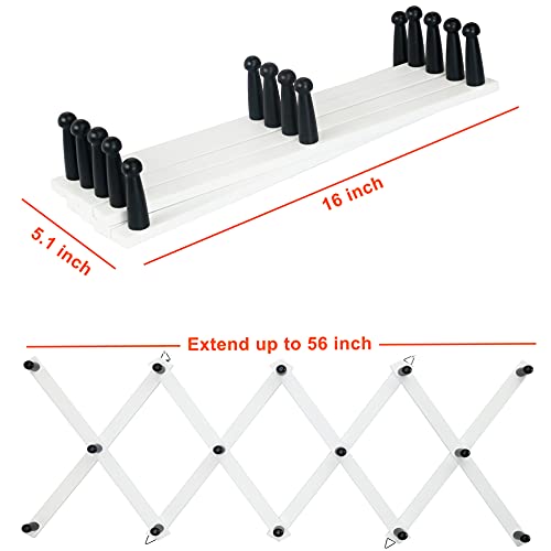 Dseap Accordian Wall Hanger: 16” High Wooden Wall Expandable Coat Rack, Hat Rack Holder, Accordion Hook for Baseball Caps, Coats, Mugs, 14 Peg Hooks, White & Black - Thumbnail 6