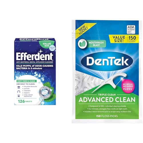Image of Efferdent Retainer Cleaning Tablets, Denture Cleaning Tablets for Dental Appliances & DenTek Triple Clean Advanced Clean Floss Picks, No Break & No Shred Floss, 150 Count