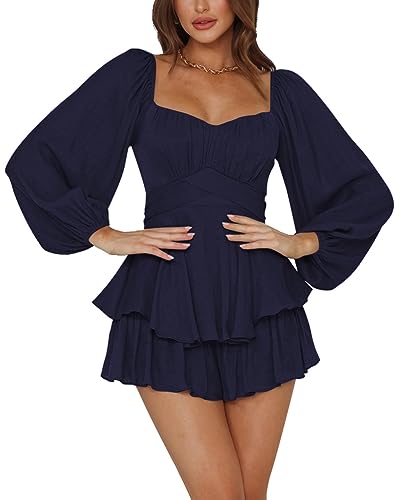 LYANER Women's Jumpsuit Lantern Long Sleeve Ruffle Layer Tie Mini Short Romper