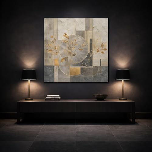 Toile moderne salon nature grise et dorée 90x90 cm