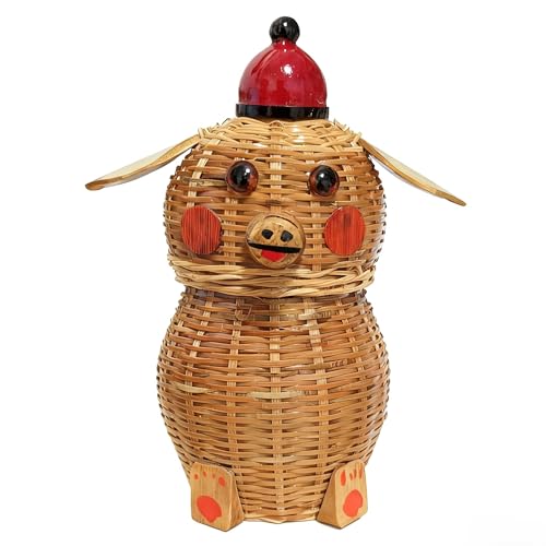“Tiny Guardian” Miniature Bamboo Sculpture – HandwovenPig Figure, Traditional Coiled Weaving Art, Collectible Folk Art Decor (5.91, Piglet)