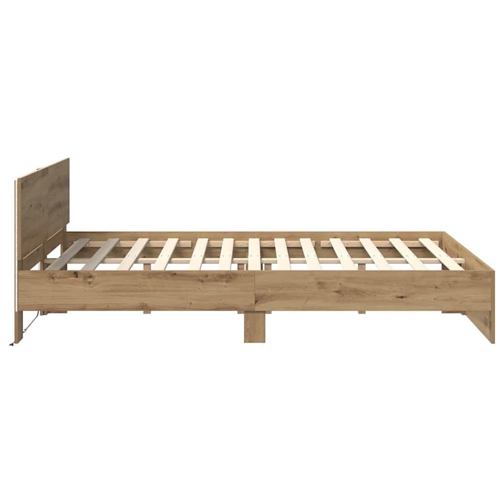 Brokky Cama 135x190 con cabecero y Luces LED Estructura Cama de Madera Cama Matrimonio con somier y Base Cama Juvenil-Roble artisan-135 x 190 cm