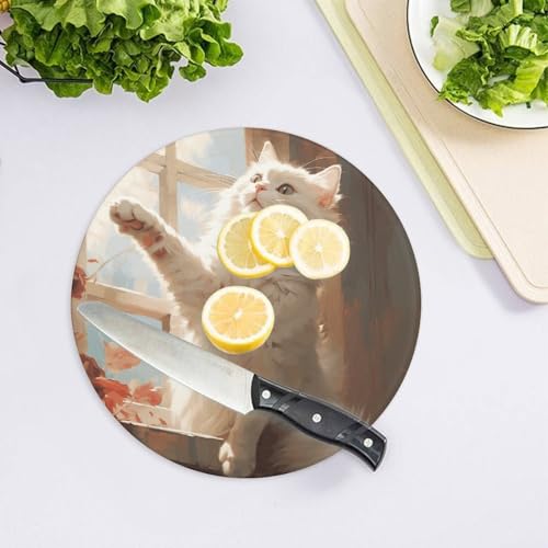 Planche à découper ronde en verre imprimé chat, le cadeau idéal pour chef