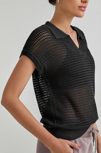 Image of Arach&Cloz 2025 Women's Crochet Cap Sleeve Knit Tops Spring Summer Shirts Lightweight Collared Hollow Out Casual Blouses