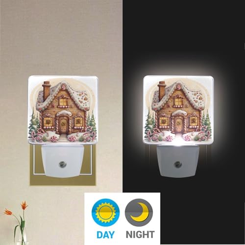 Image of Christmas Gingerbread House Night Lights 2 Pack Plug-in Wall Led Nightlight Auto Dusk-to-Dawn Sensor Lamps for Bedroom Kitchen Bathroom