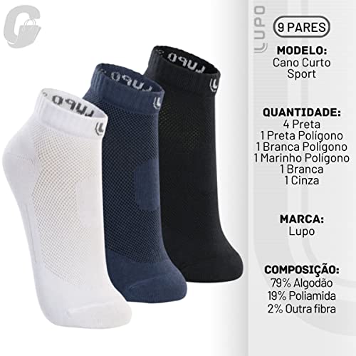 Kit 9 Pares Meia Lupo Sport Cano Curto Algodão Adulto | 5 Pretas - 2 Brancas -1 Cinza - 1 Azul | 41-