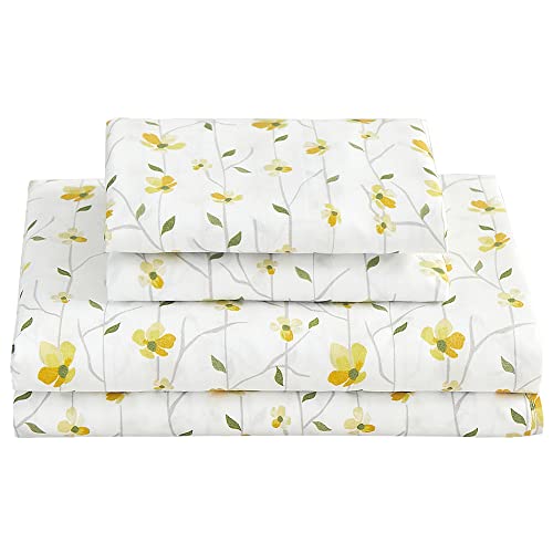 Image of Softan Yellow Floral Twin Size Sheet Set, 3-Piece Microfiber Fitted Bed Sheet with 15 inch Deep Pockets & Non-Slip Straps, Kids Girls Flower Patterned Bed Sheet & Pillowcase Set