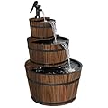 Aoxun 3-Tier Outdoor Water Fountain, Wood Barrel Cascading with Electric Decorative Hand Pump, Rustic Waterfall Fountain for Garden, Backyard, Patio, Porch, Yard