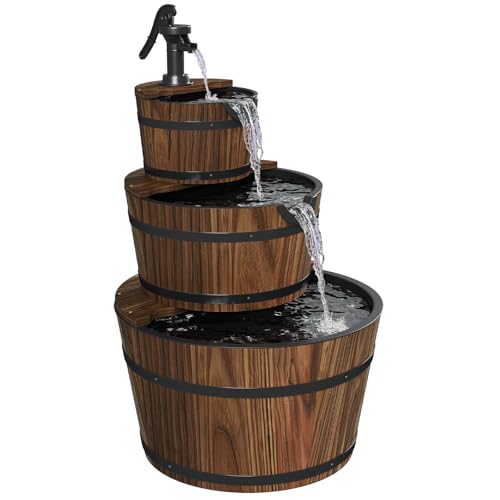 Aoxun 3-Tier Outdoor Water Fountain Wood Barrel Cascading with Electric Decorative Hand Pump Rustic Waterfall Fountain for Garden Backyard Patio Porch Yard