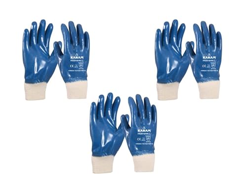 Image of KARAM HS201(KW) Nitrile Fully Coated Safety Glove with Knit Wrist | Excellent Flexibility & Dexterity | Oil Repellent, Abrasion Resistant Work Gloves | Size-L | Pack of 3