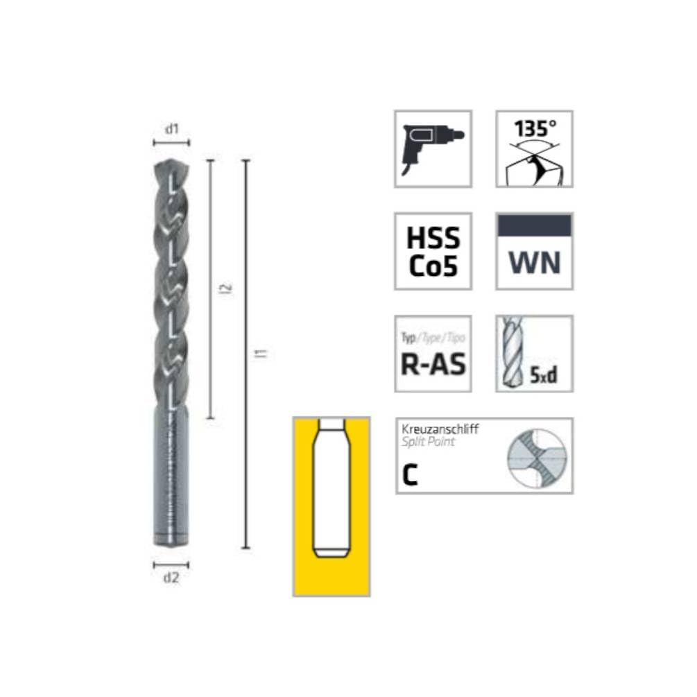 10 Brocas helicoidales HSS Cobalto DIN 338 R-AS - Inox, Aceros D. 4,6 x Lt. 80 x Lu. 47 x Q. 4,6 mm x Z2 - Diamwood