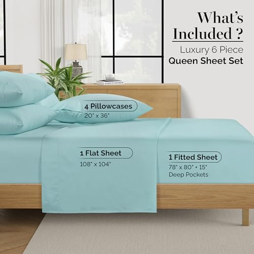 Casa Platino 100% Egyptian Cotton Sheets Queen Size Set - 6 Pcs (1 Flat, 1 Fitted, 4 Pillowcases) - Ultra Smooth Sateen Weave Bed Sheets Set with 15" Deep Pockets - Blue Sky