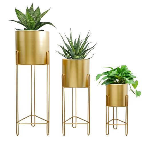 TRIROCKS 3er-Set Pflanzgefäße mit Ständer Moderne Blumentöpfe für Zimmerpflanzen 73 & 55 & 30 cm Hoch Outdoor für Wohnzimmer Küche Büro Garten Balkon Terrasse Dekoration (Gold)