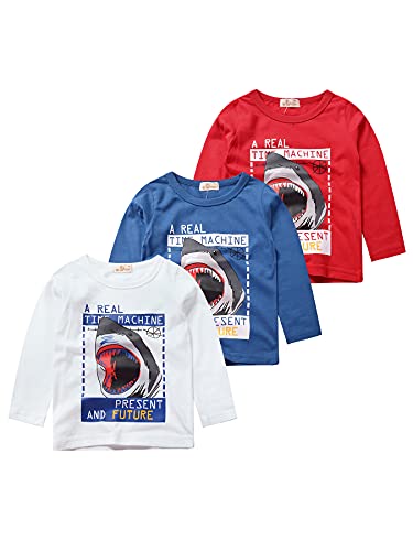 NATUST Jungen Langarm Shirt Kinder Baumwolle Langarmshirt Rundhals Herbst Winter T-Shirt Dinosaurier Drucken Tops 3er Pack Hai 116 Cover